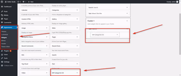 WP Categories Widget -widgetin raahaaminen WordPress-sivupalkkiin