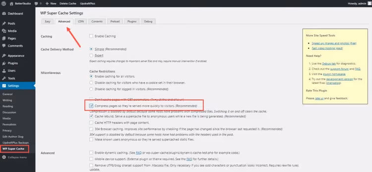 Paramètres de compression dans WP Super Cache