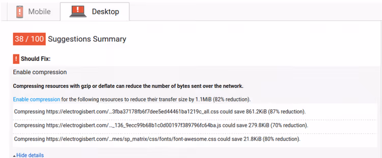 Avertissement de compression dans Google PageSpeed Insights