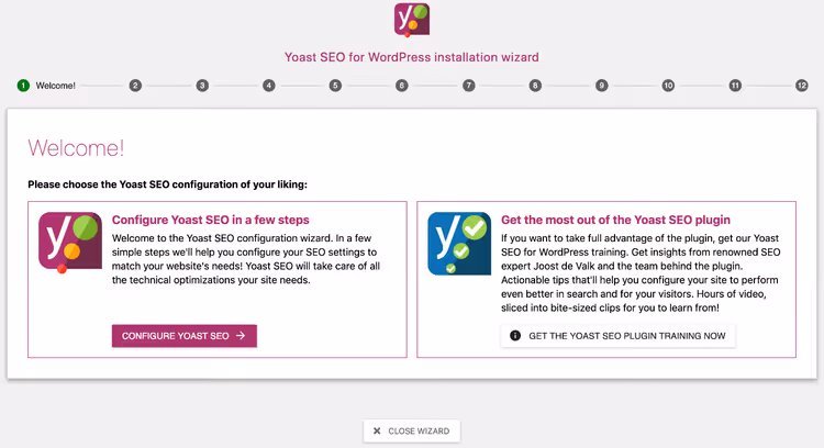 Écran d’accueil de l’assistant de première configuration de Yoast SEO