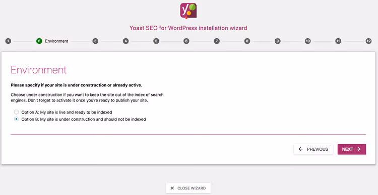 Sélection du statut d’indexation du site dans l’assistant Yoast SEO