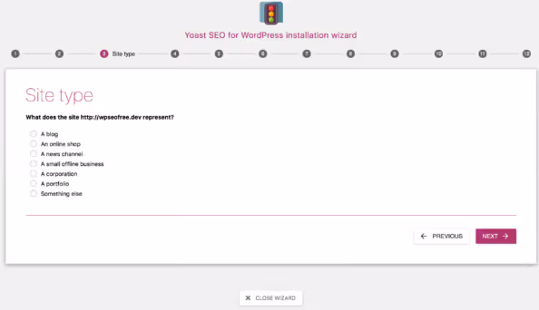 Sélection du type de site dans l’assistant de configuration Yoast SEO