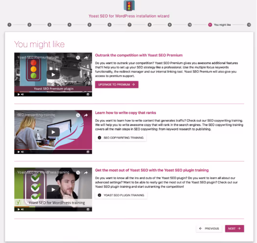 Écran des contenus recommandés et des extensions Yoast