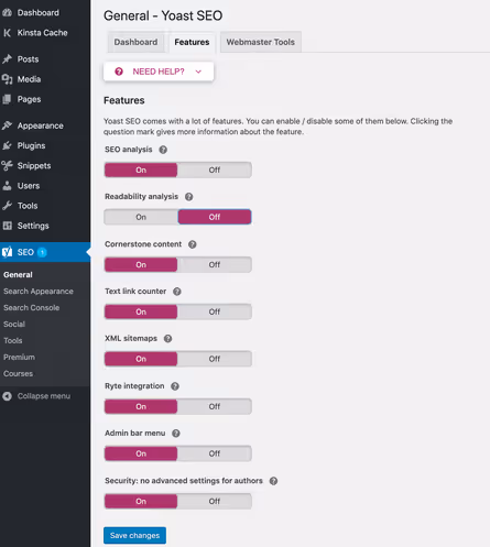 Onglet des fonctionnalités Yoast SEO avec interrupteurs de modules