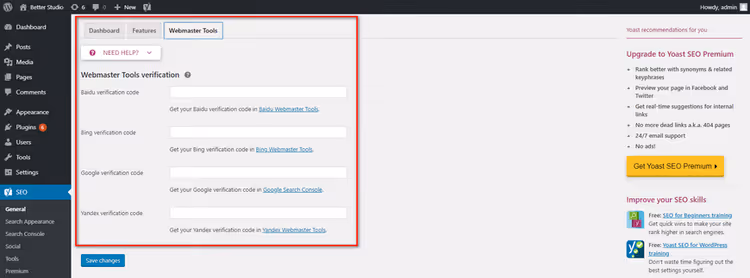 Intégration de Yoast SEO avec les outils pour webmasters Google, Bing, Yandex et Baidu