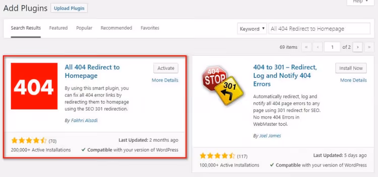 A instalar o plugin All 404 Redirect to Homepage através da administração do WordPress
