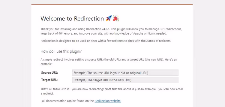 Interface de gestão de redirecionamentos no plugin Redirection para WordPress