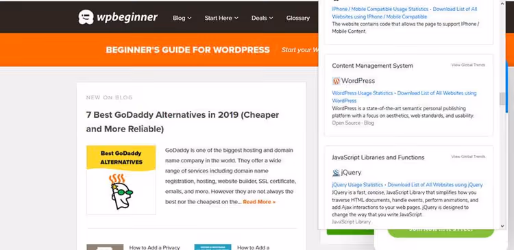 Розширення BuiltWith для Firefox з інформацією про сайт