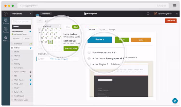 ManageWP-dashbord med sikkerhetskopier