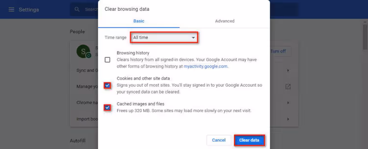 Vinduet for å slette nettleserdata i Chrome