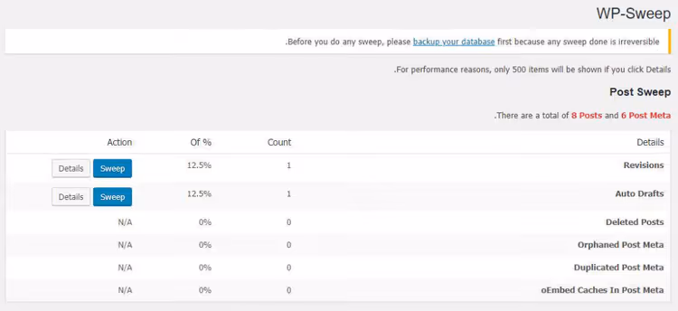 Interfaccia del plugin WP-Sweep, rimozione revisioni