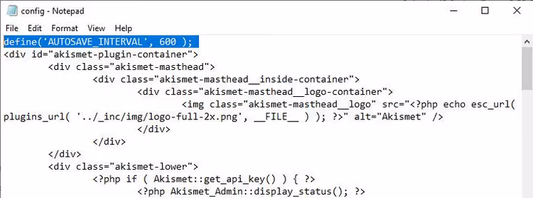 Impostare l'intervallo di salvataggio automatico a 600 secondi in wp-config.php