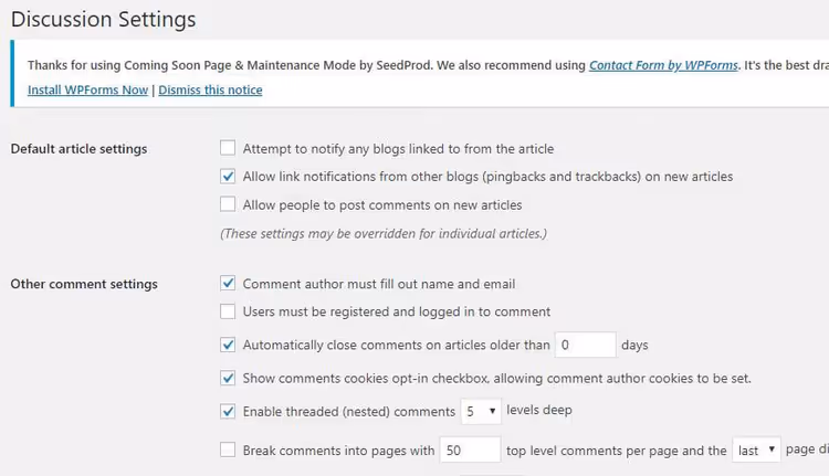 WordPress discussion settings page