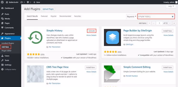 Installering av Simple History-utvidelsen via WordPress-administrasjon
