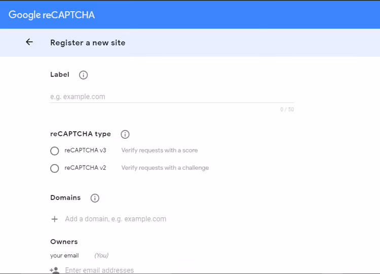 Sivuston rekisteröintilomake Google reCAPTCHA -hallintakonsolissa