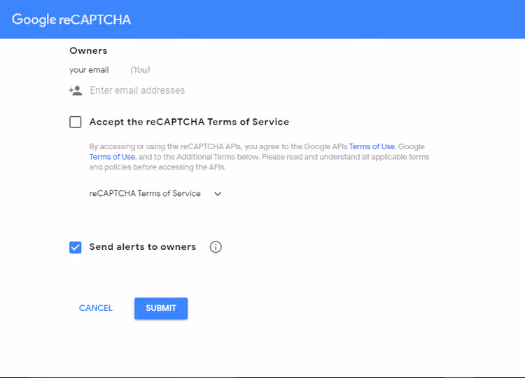 Luodut sivustoavain ja salainen avain Google reCAPTCHA -konsolissa