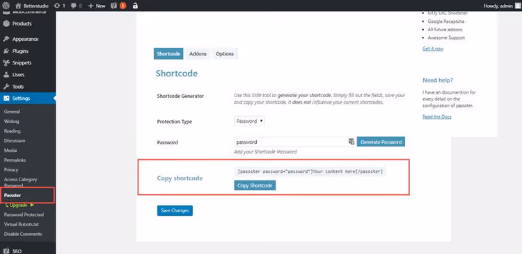 Иконка Passster в текстовом редакторе WordPress