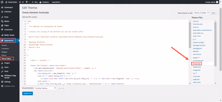 Вбудований редактор тем в адмінці WordPress з відкритим footer.php