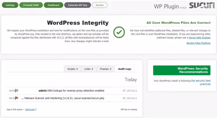 Панель безопасности Sucuri с логом аудита событий в WordPress