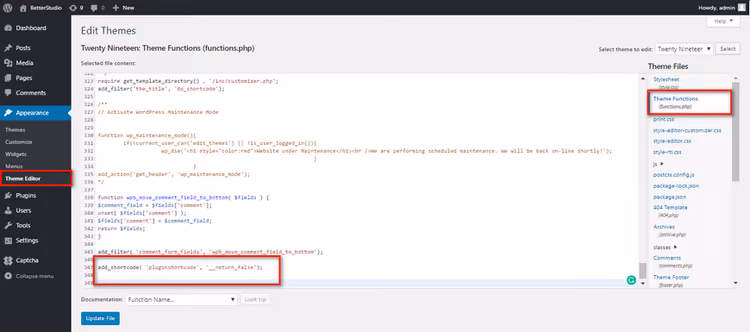 Koodi functions.php-tiedostossa lisäosan shortcoden poistamiseksi käytöstä