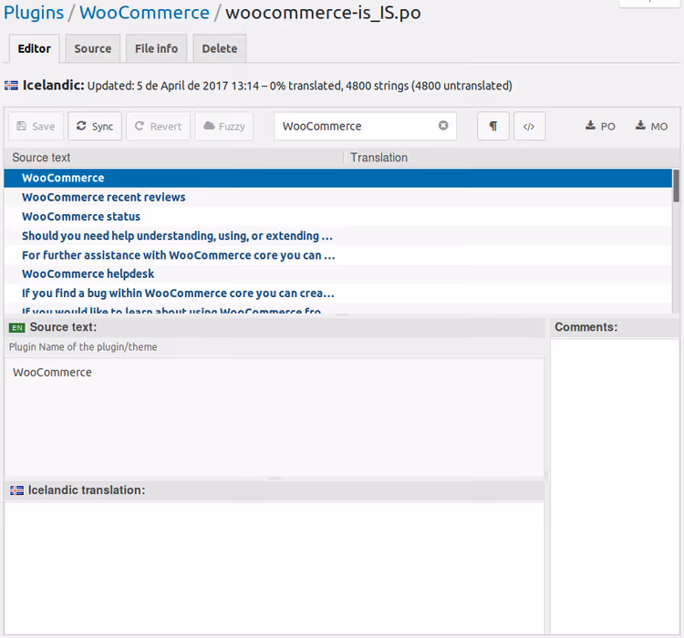 Interface de tradução de strings do WooCommerce no Loco Translate