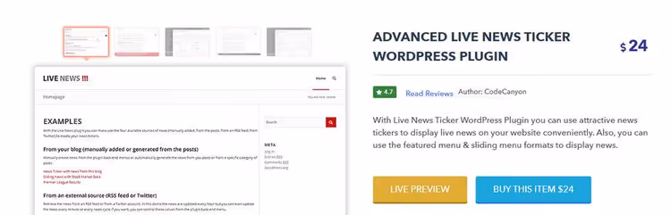Premium uudistetiker Advanced Live News Ticker mitmete seadetega