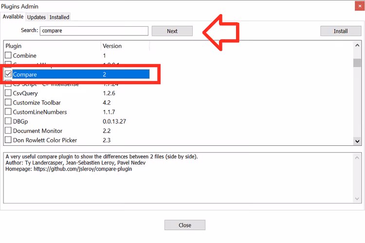 Installazione del plugin Compare tramite Plugins Admin