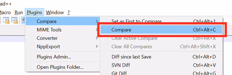 Avvio del confronto dal menu Plugins Compare