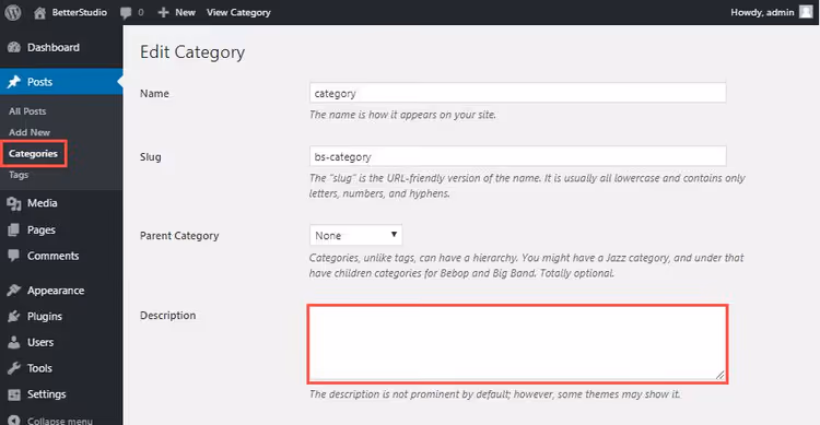 Editing category description in the WordPress admin panel