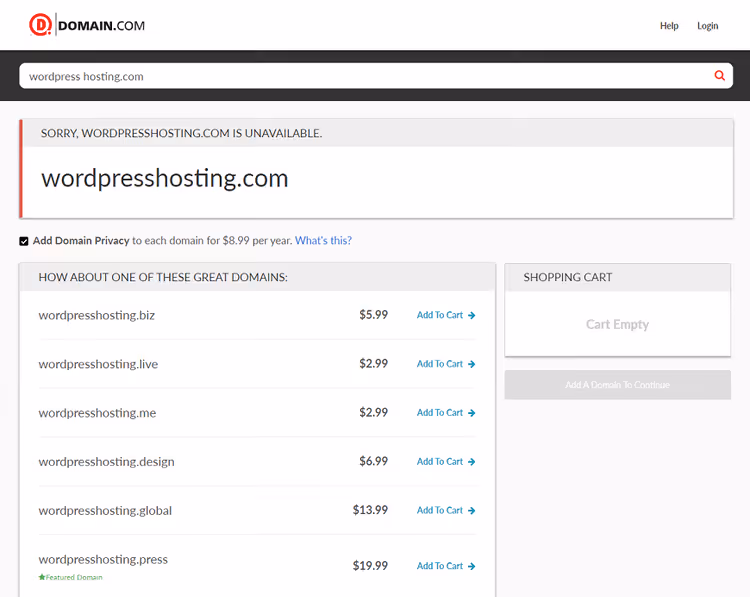 Domain.com search results with alternative zones