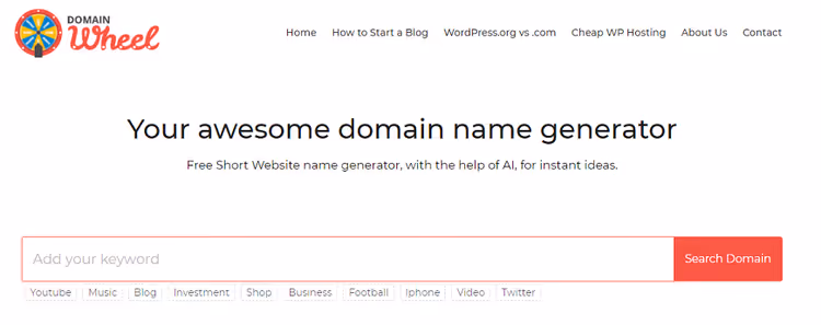 Domain Wheel generator main screen with search bar