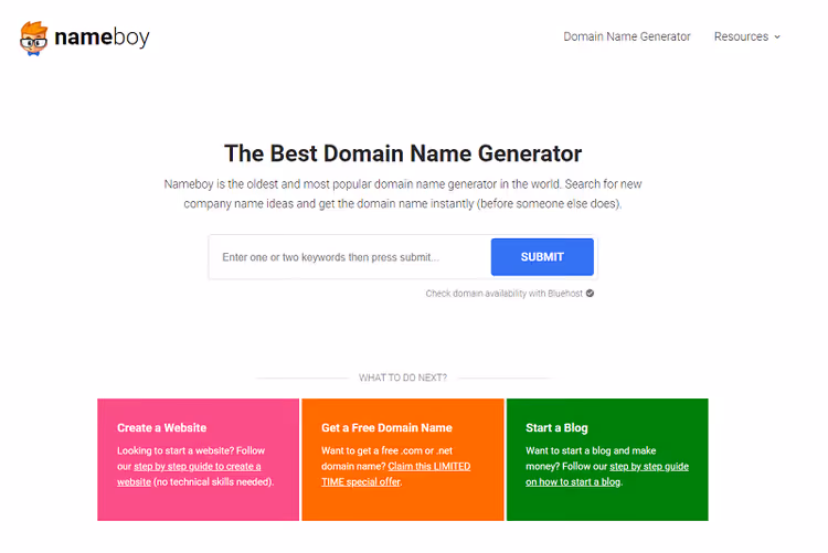 Nameboy generator main page with keyword input field