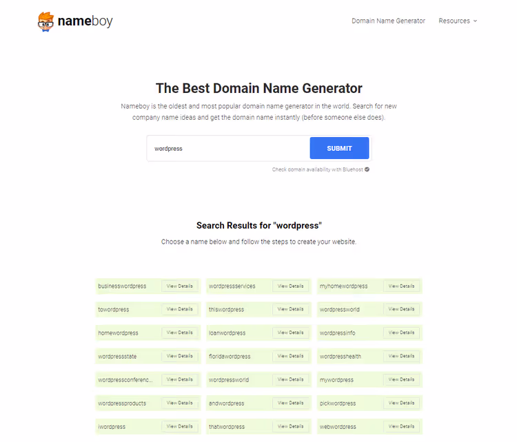 Nameboy domain search results showing available options