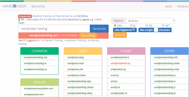 NameMesh search results grouped by categories