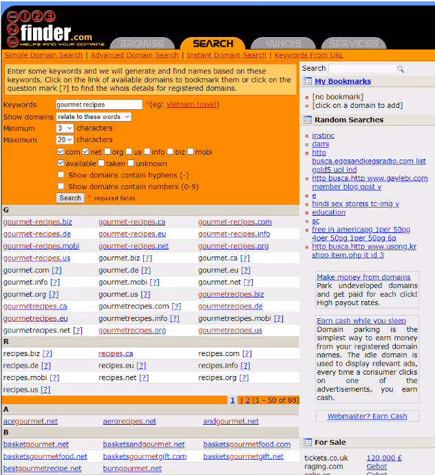 123Finder domain generator interface with filters