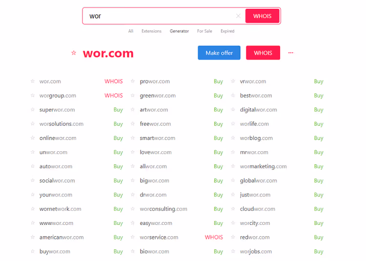 Instant Domain Search in action