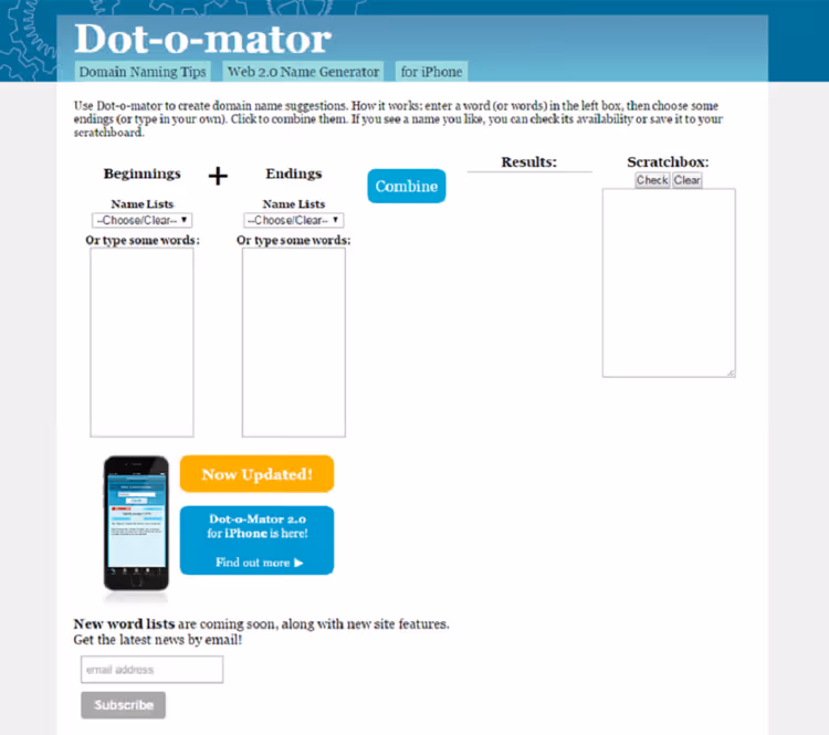 Dot-o-Mator domain name constructor with beginning and ending selection