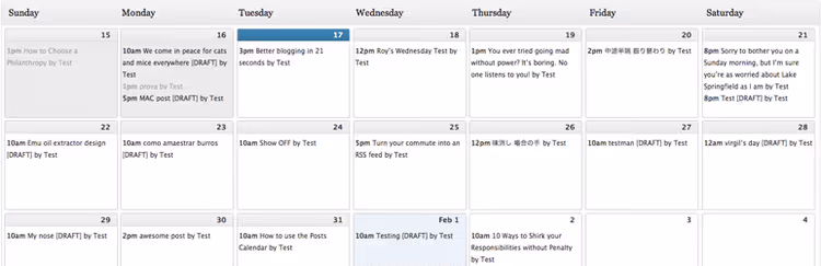 Calendar view of all posts in the Editorial Calendar plugin