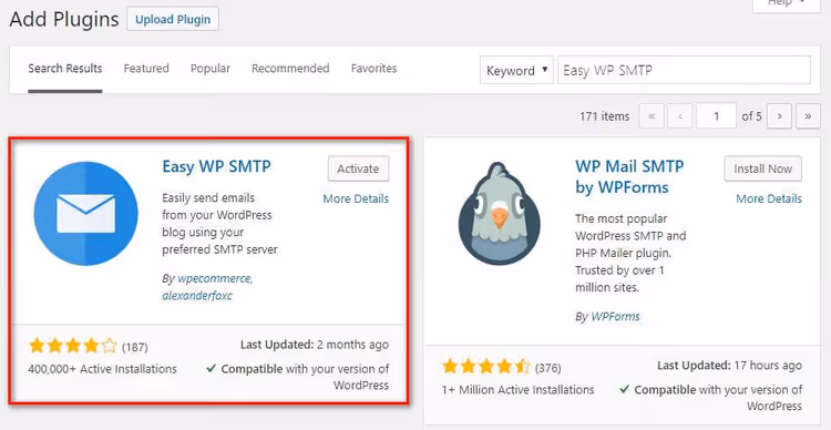 Поиск и установка плагина Easy WP SMTP в админке WordPress
