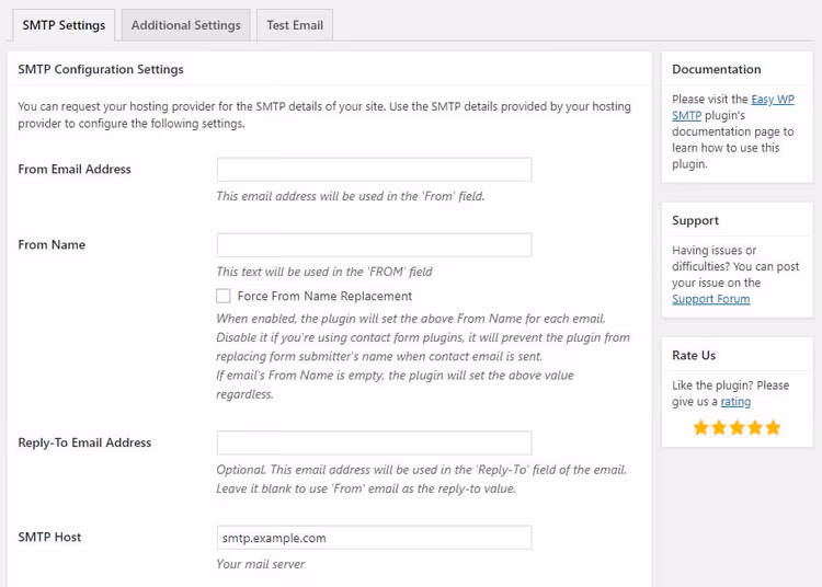 Настройки отправителя и почтового сервера в плагине Easy WP SMTP
