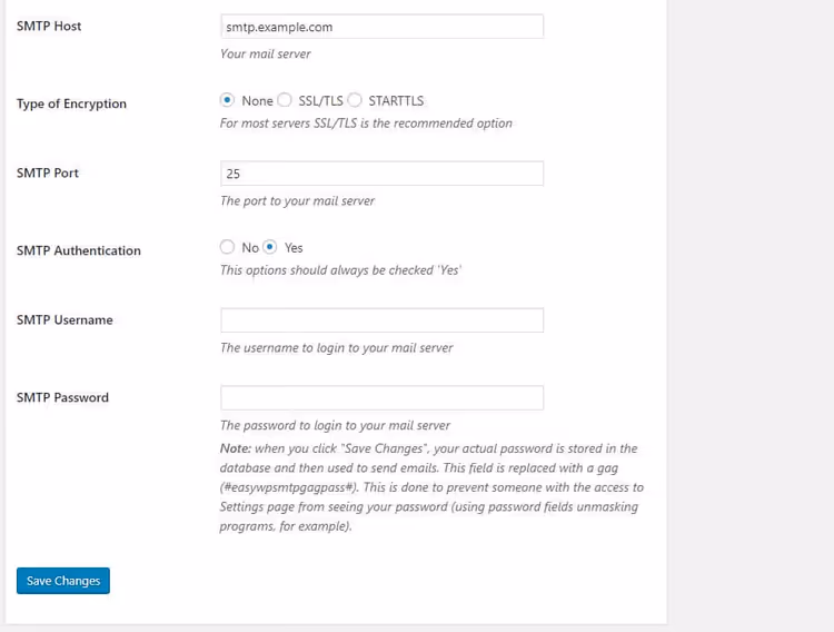 Параметры SMTP хоста, шифрования и порта в Easy WP SMTP