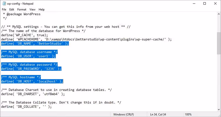 The wp-config.php file with MySQL database credentials