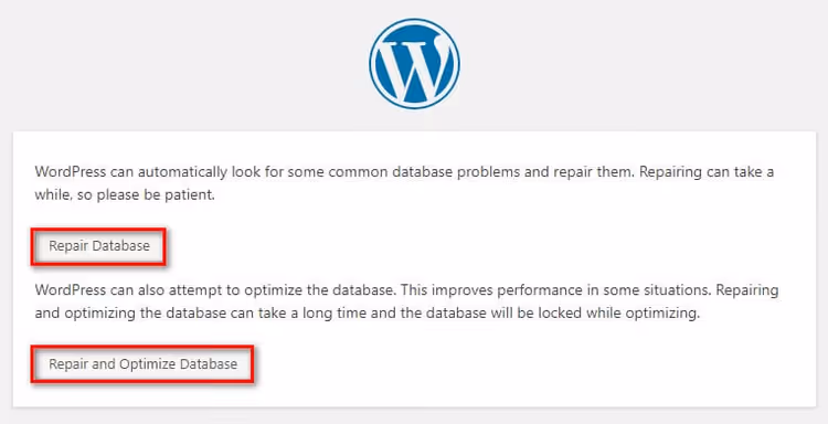WordPress database repair page via repair.php