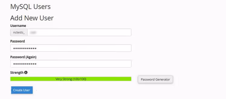 Interface de criação de base de dados MySQL no cPanel com campos de nome e utilizador