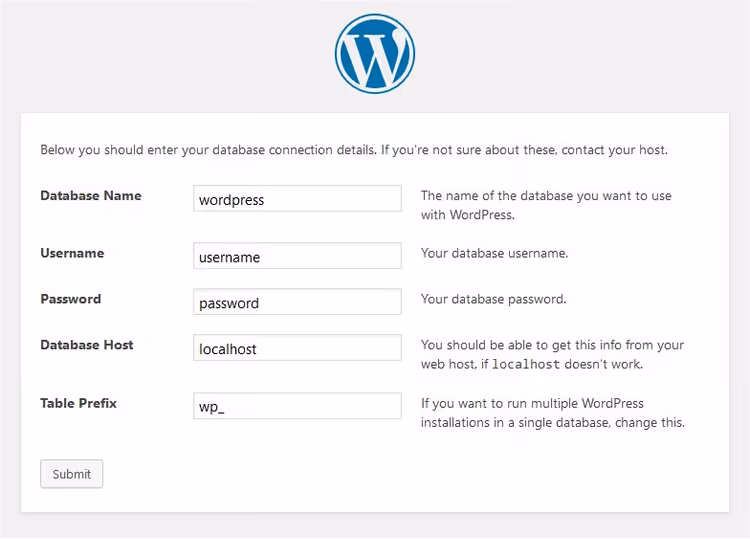 Ecrã de instalação do WordPress com campos da base de dados MySQL