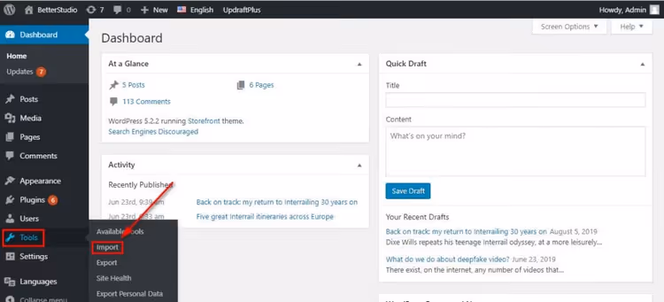 Página de importação do WordPress com o plugin WordPress Importer pronto a instalar