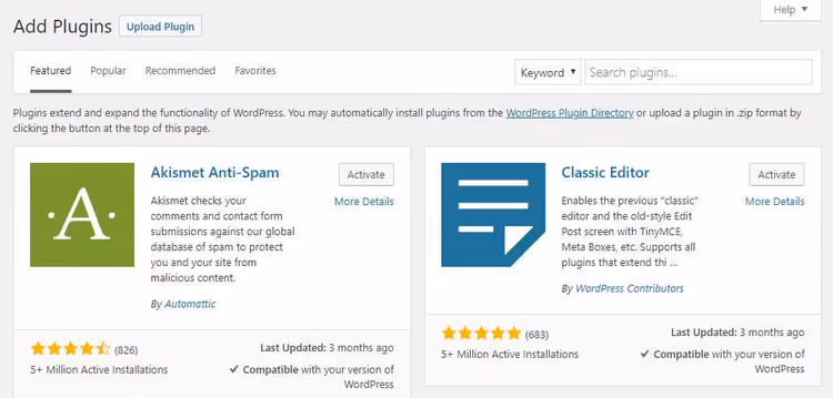Página Adicionar novo plugin no admin do WordPress com pesquisa no repositório