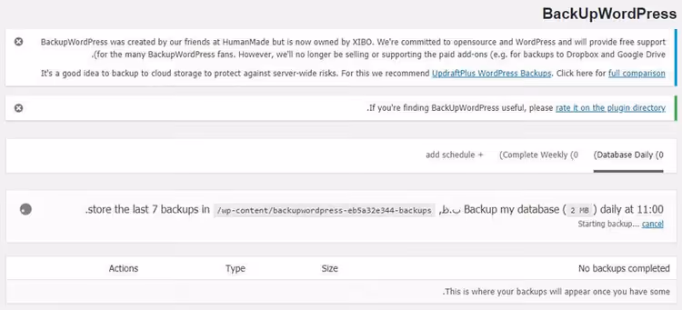 Plugin BackUp WordPress nel pannello di amministrazione