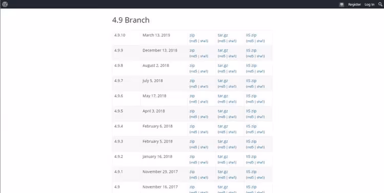 Elenco degli archivi delle versioni precedenti di WordPress nella pagina dei download