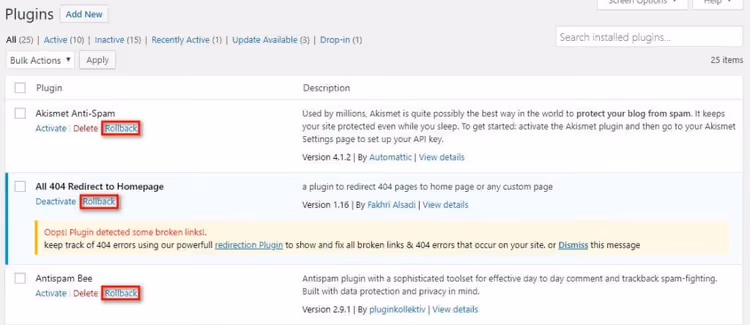 Pulsante Rollback accanto a un plugin nell'elenco delle estensioni installate